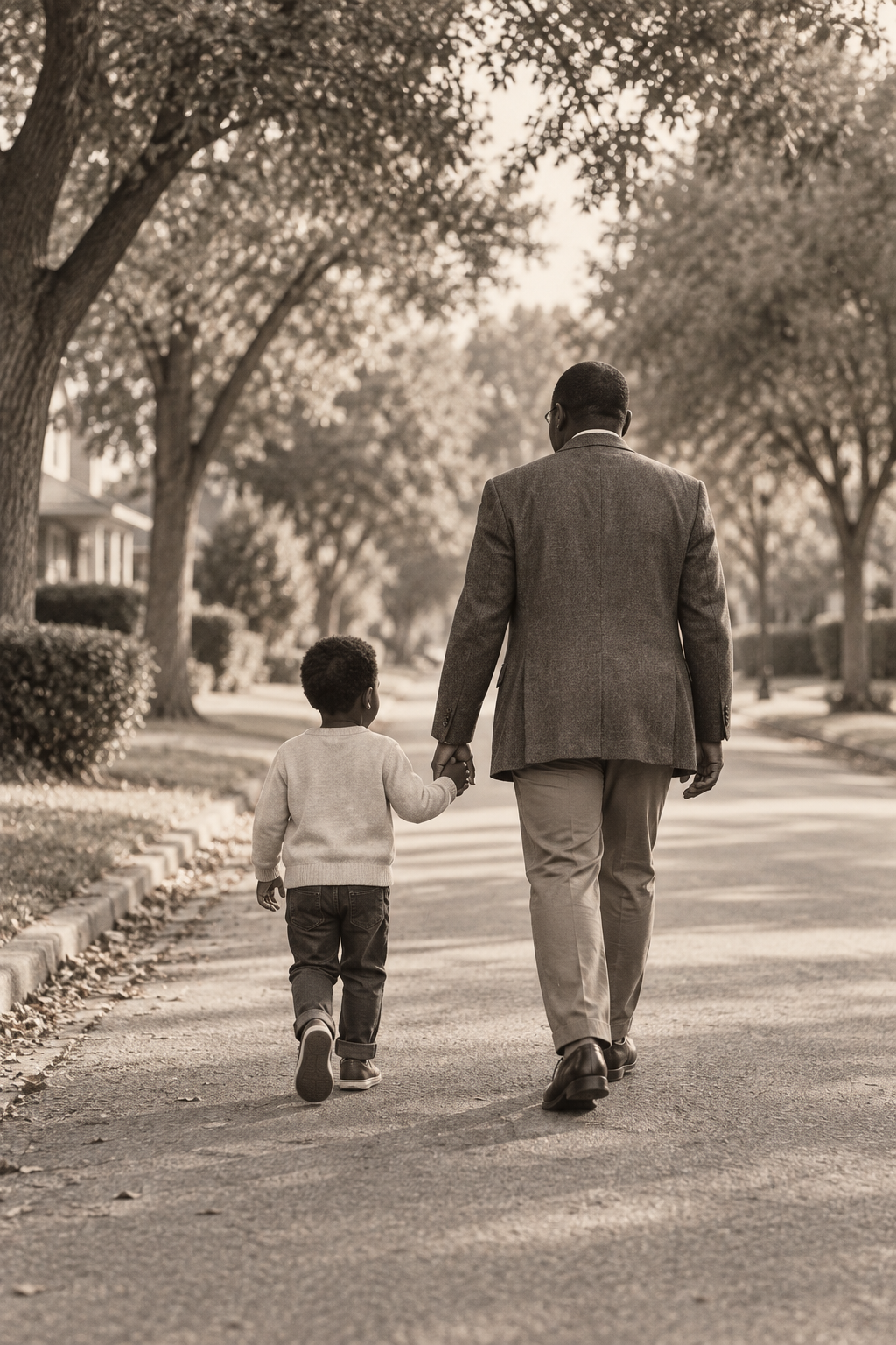 An adult and child walking hand in hand, seen from behind
